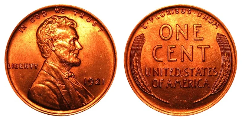 1921 Lincoln wheat penny obverse and reverse showing Lincoln portrait and wheat stalks