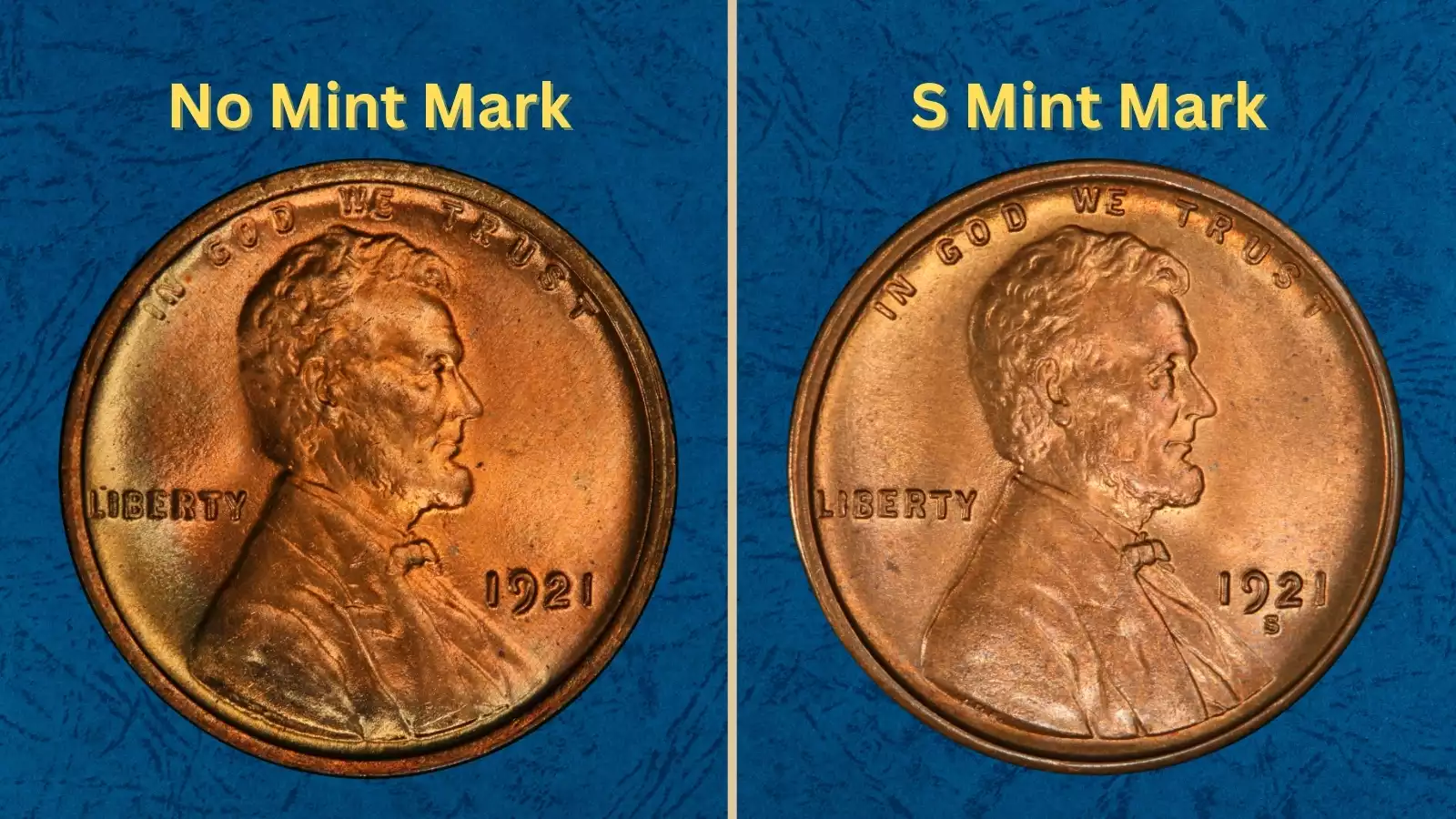 Historical photograph of US Mint or group of 1921 wheat pennies showing range of condition grades